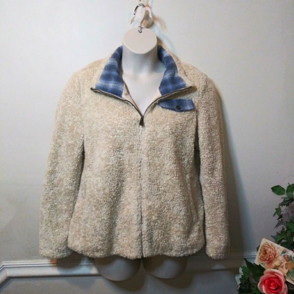 Pendleton Blue Plaid Trimmed Ivory Zip-Front Teddy Jacket - Picture 2 of 13